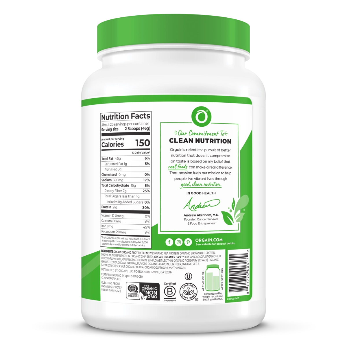 Organic Vegan Protein Powder, Creamy Chocolate Fudge - 21g Plant Protein, 6g Prebiotic Fiber, Low Net Carb, No Lactose Ingredients, No Added Sugar, Non-GMO, For Shakes & Smoothies, 2.03 lb