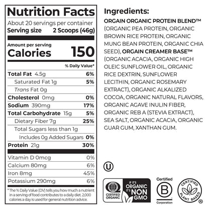 Organic Vegan Protein Powder, Creamy Chocolate Fudge - 21g Plant Protein, 6g Prebiotic Fiber, Low Net Carb, No Lactose Ingredients, No Added Sugar, Non-GMO, For Shakes & Smoothies, 2.03 lb